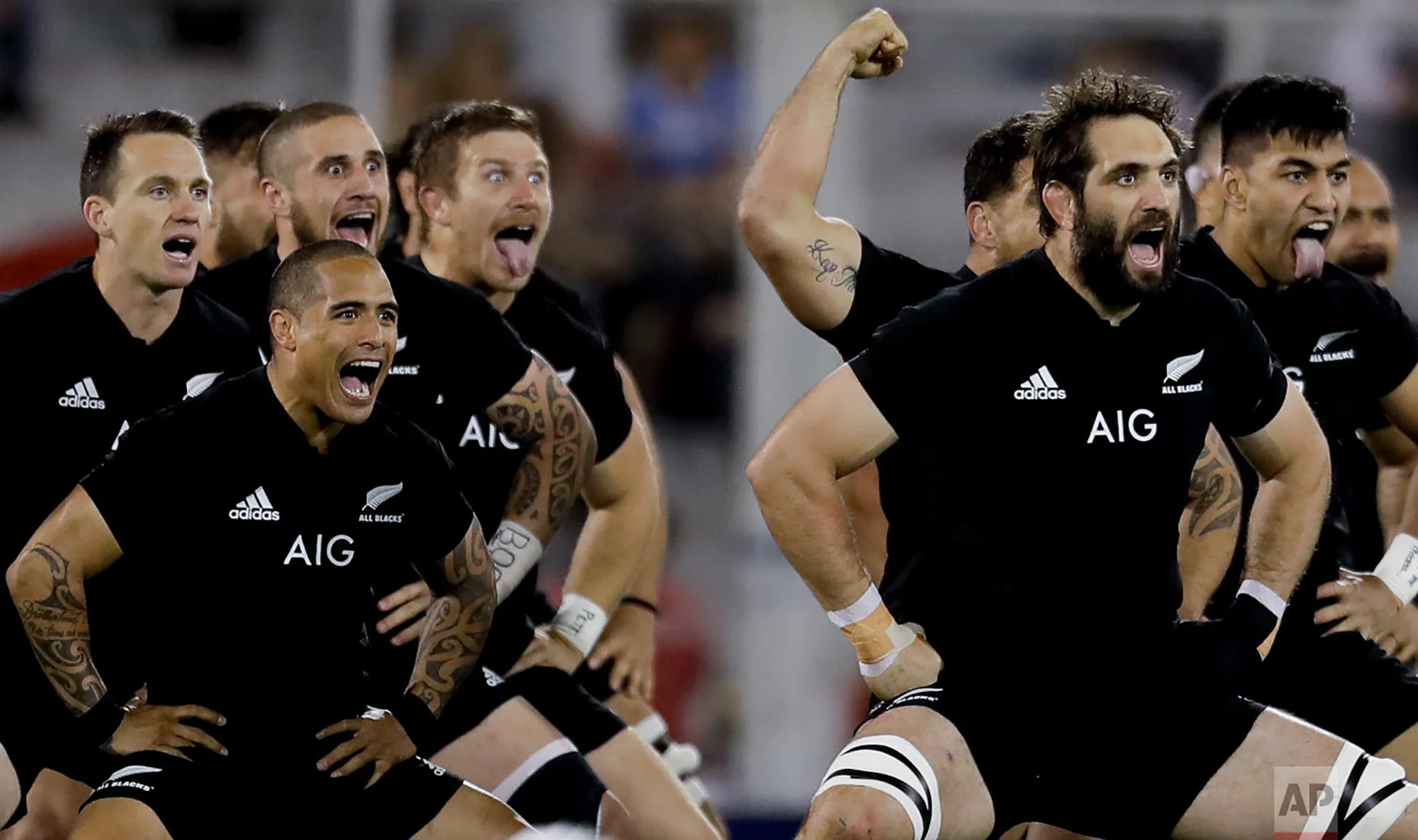 New Zealand's All Blacks players perform the Haka during a rugby Championship match against Argentina's Los Pumas, in Buenos Aires, Argentina, Sept. 29, 2018. (AP Photo/Natacha Pisarenko)