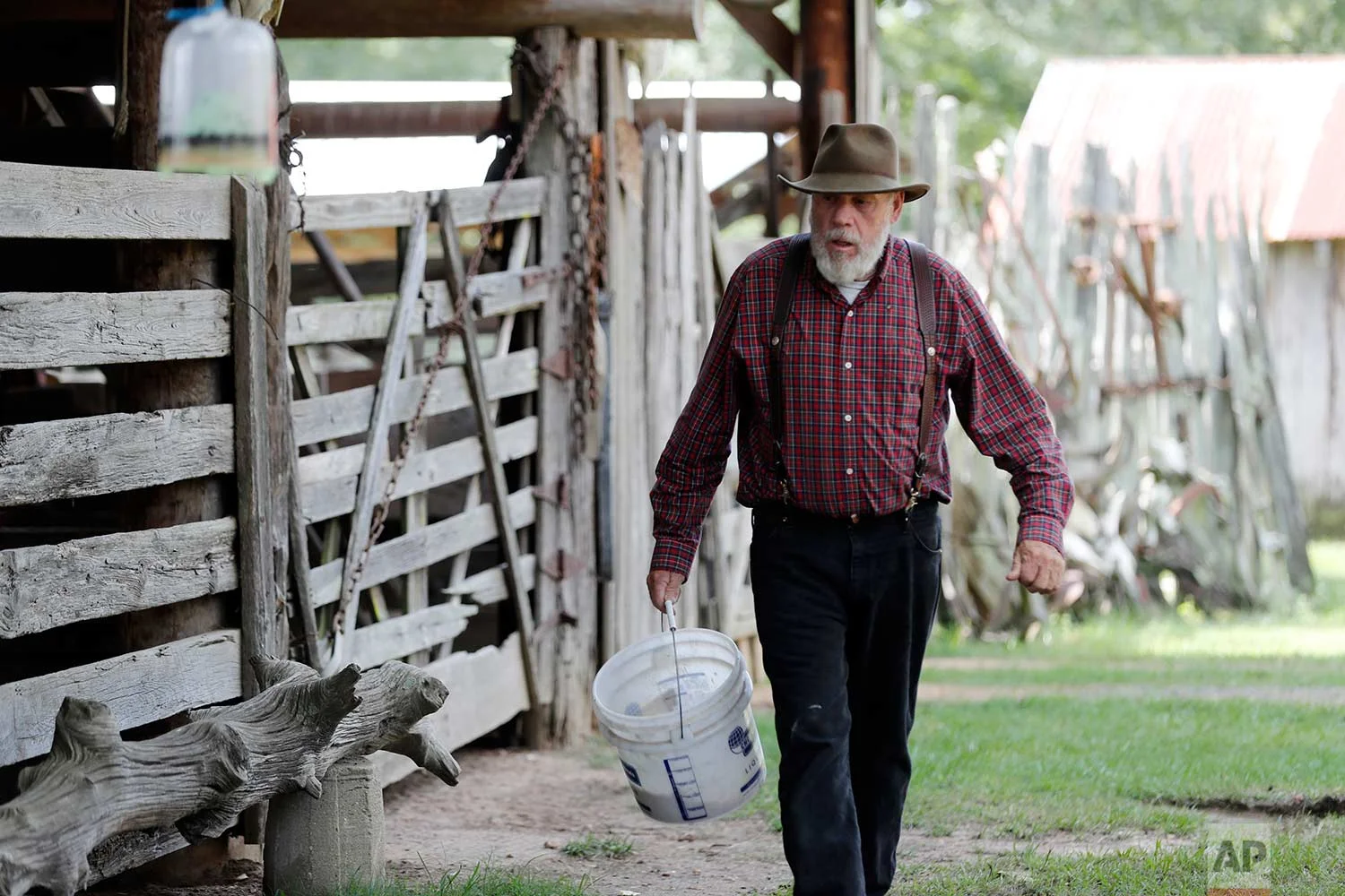 In this July 17, 2018, photo, Bill Frank Brown walks to feed his horses on his farm in Poplarville, Miss. (AP Photo/Gerald Herbert)