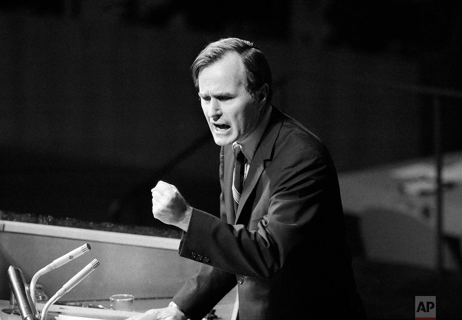 U.S. Ambassador George Bush gestures as he addresses the United Nations General Assembly on Oct. 18, 1971 during the China debate. He denied the U.S. formula was either a "Two Chinas" or a "One China and one Taiwan" plan. (AP Photo)