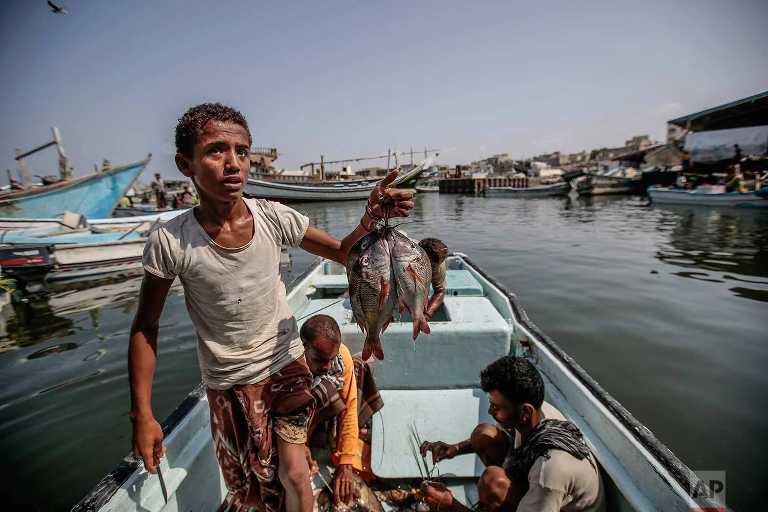 In this Sept. 29, 2018, photo, a boy holds the catch of the day on a boat at the main fishing port, in Hodeida, Yemen. (AP Photo/Hani Mohammed)