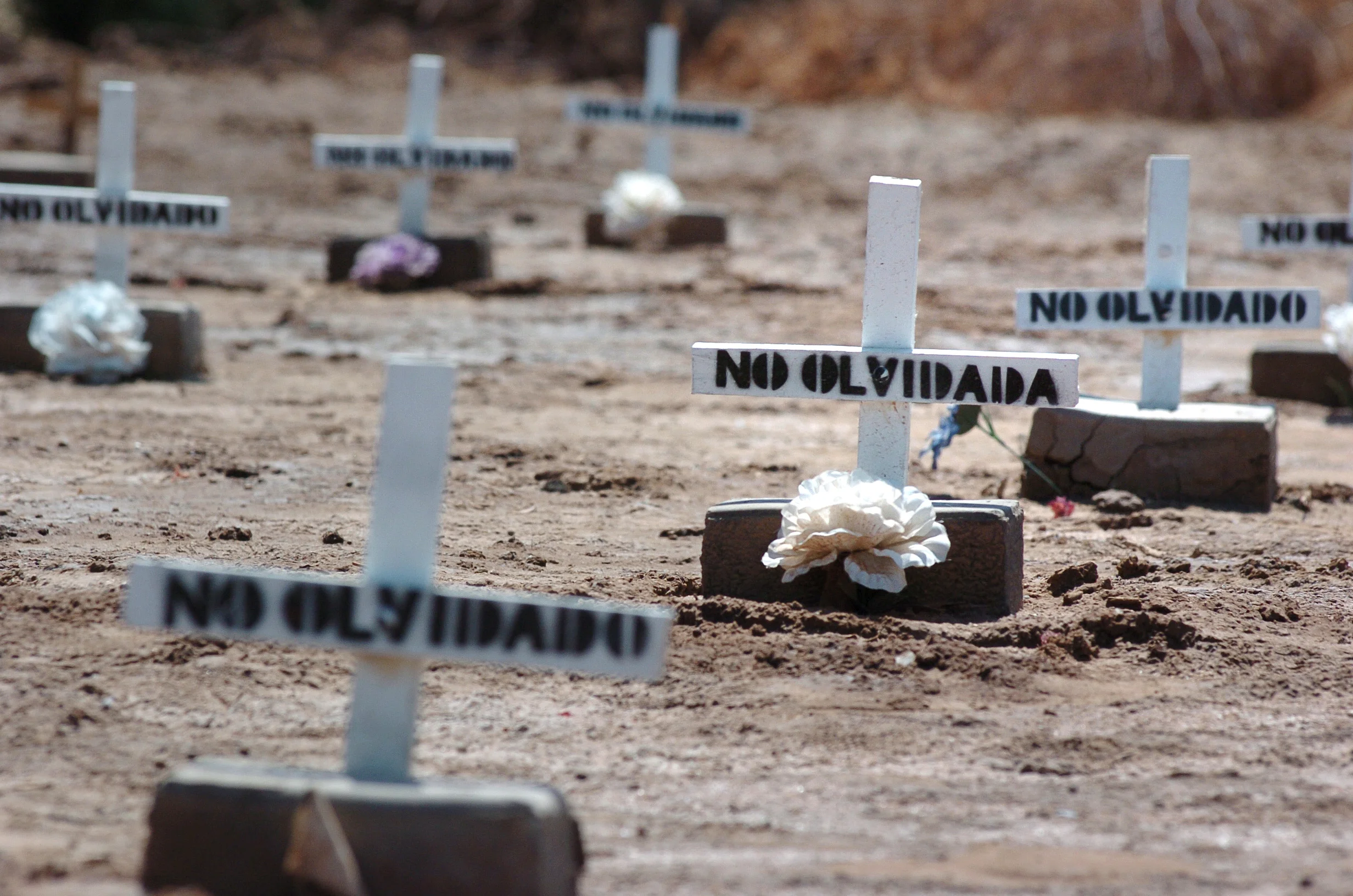 In this Thursday, May 16, 2006 photo, white crosses and cement bricks mark the graves where unidentified migrants who died while crossing the U.S.-Mexico border are buried in a public cemetery in Holtville, California. (AP Photo/David Muang)