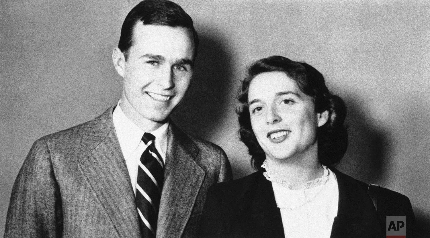 George Bush is shown with wife Barbara in 1945. (AP Photo)