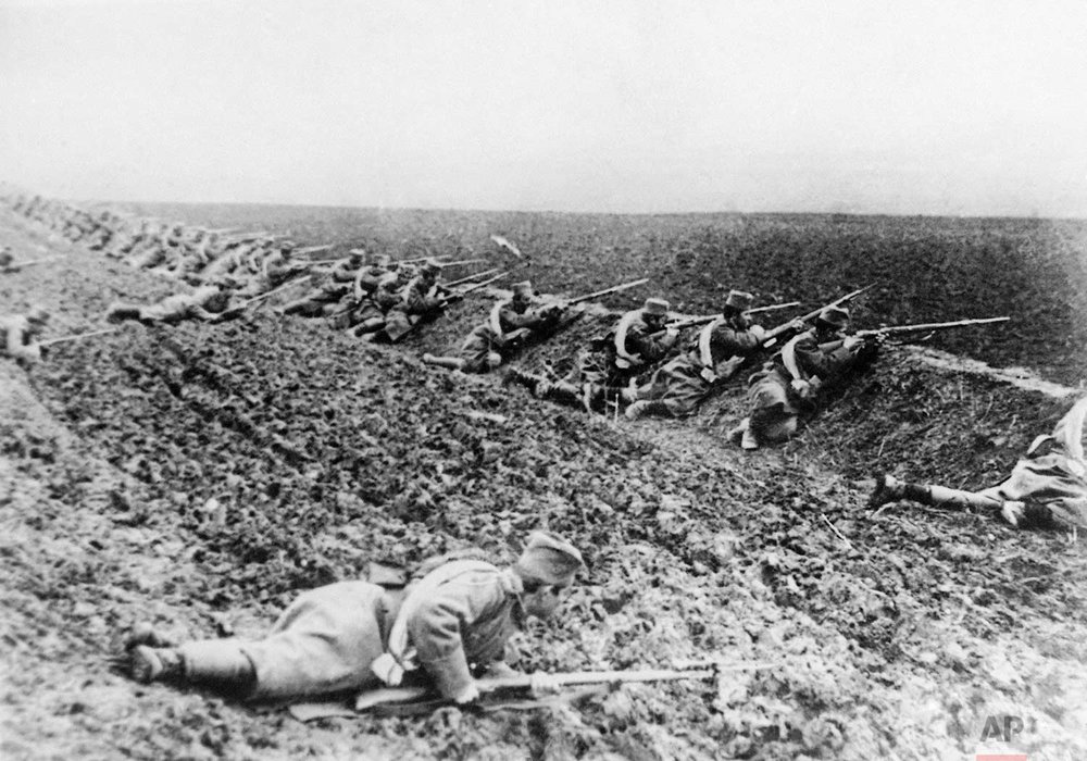  In this undated photo, Serbian soldiers take position on the battle line. Some of the first battles of World War One were fought between Serbia and Austria-Hungary around the Cer Mountain region. (AP Photo) 