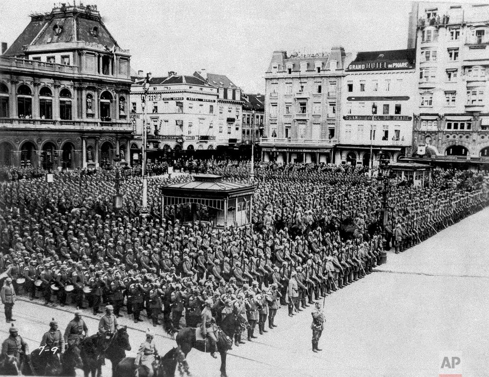  In this August 1914 photo, German troops stand in formation during the occupation of Brussels. (AP Photo) 
