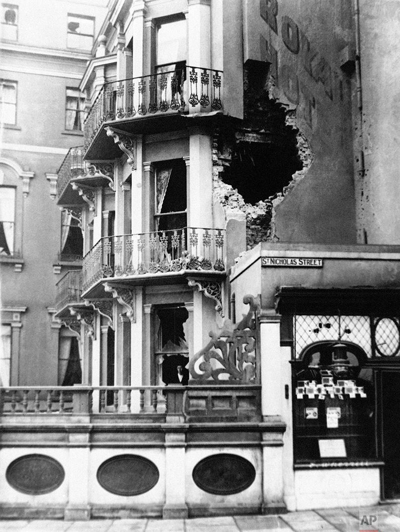  In this Dec. 1914 photo, damage to the Royal Hotel in Scarborough, England after a bombing raid. (AP Photo) 