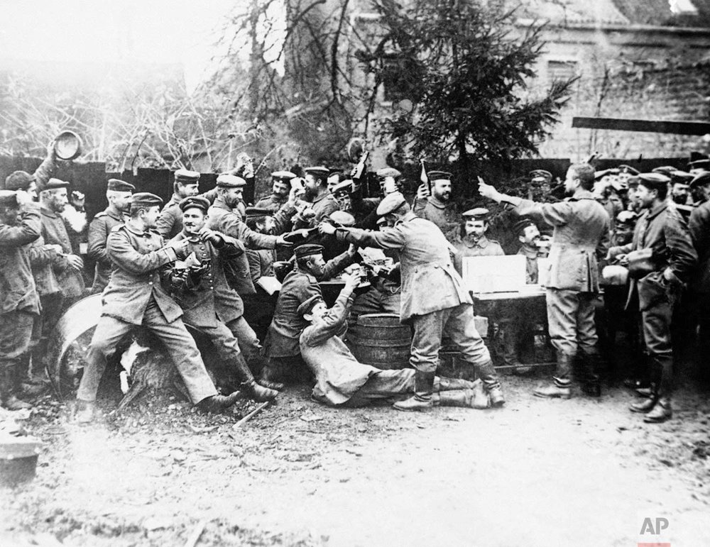  In this 1914 photo, German soldiers gather at Christmas at an unknown location during World War One. (AP Photo) 