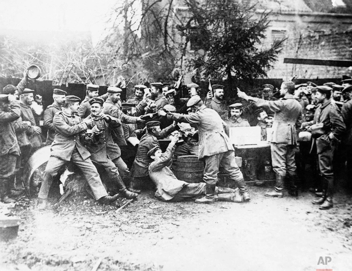 In this 1914 photo, German soldiers gather at Christmas at an unknown location during World War One. (AP Photo)