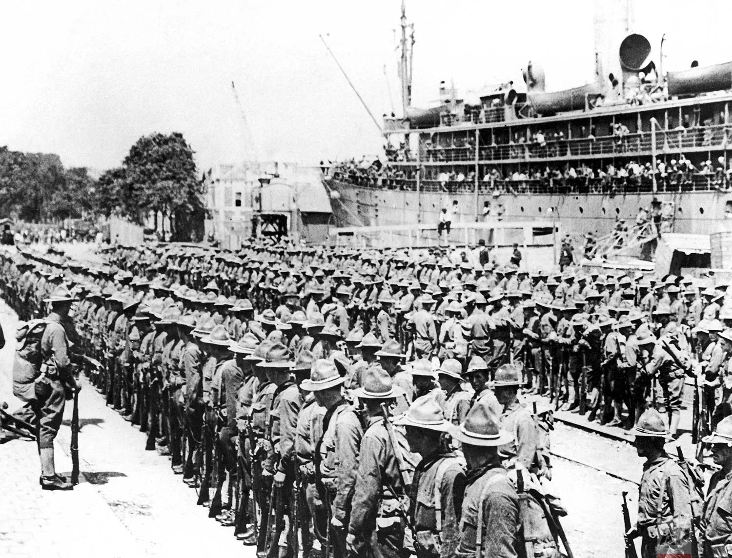 In this June 1917 photo, the first troops of the American Expeditionary Force land at the French port of St. Nazaire, France. (AP Photo)