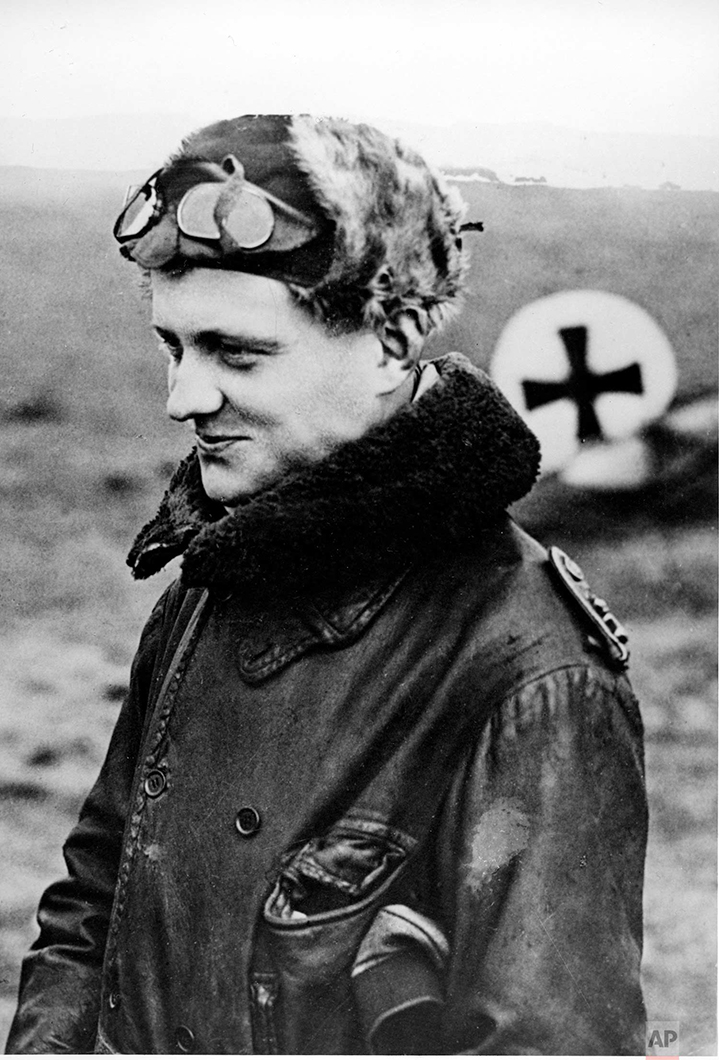  In this 1916 photo, German flying ace Manfred von Richthofen, also known as the "Red Baron," is shown returning from a mission at his squadron's aerodrome. Von Richthofen was shot down and killed over France in April 1918. (AP Photo) 