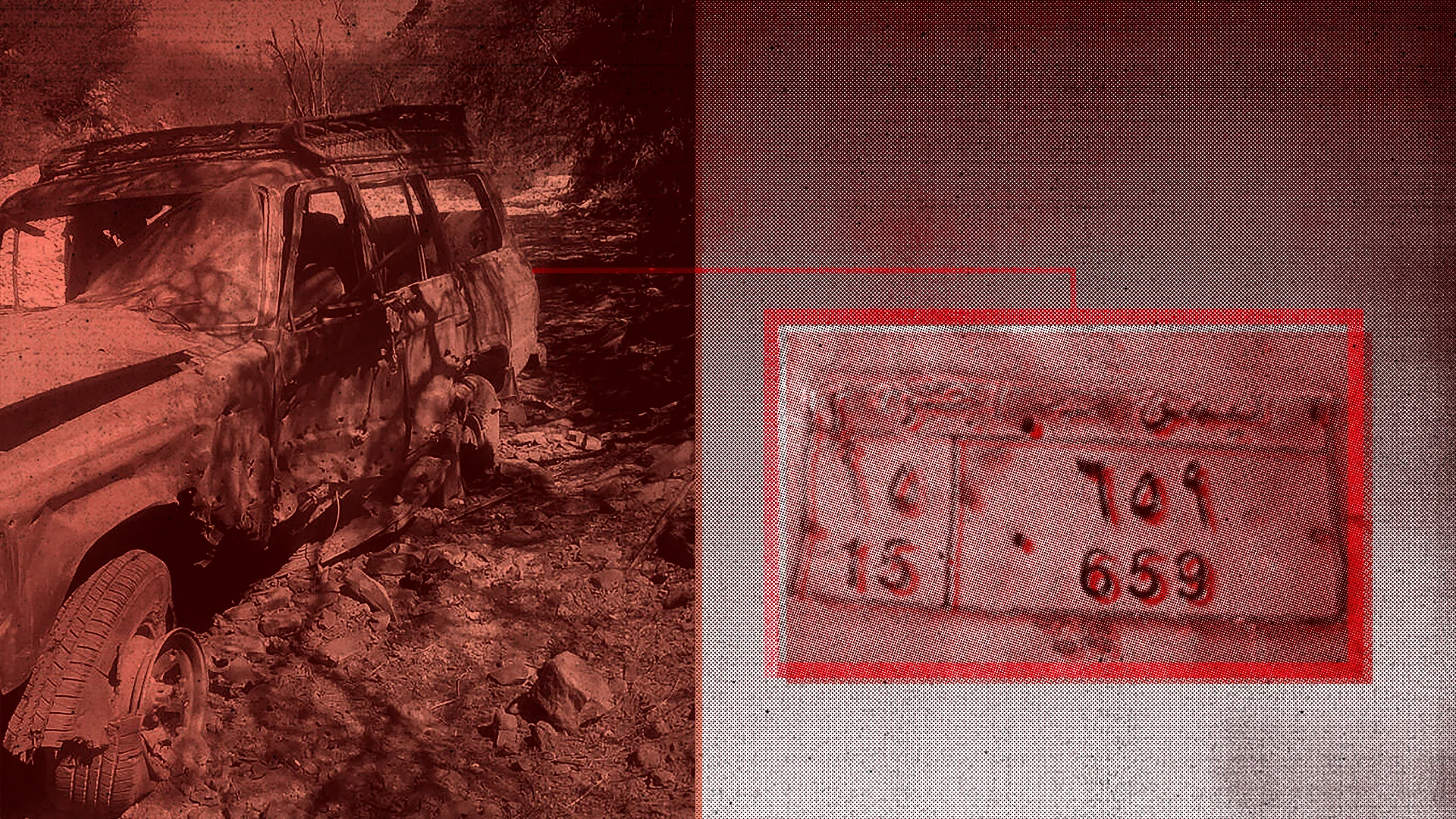 Wreckage of Saleh bin Elwiya’s taxi (left) and its license plate (right). (AP Photo Illustration/Peter Hamlin)