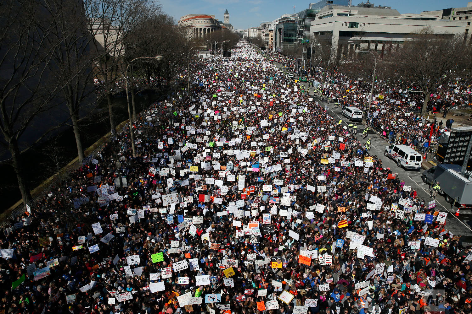  Looking west toward the White House, people fill Pennsylvania Avenue in Washington during the "March for Our Lives" rally in support of gun control on March 24, 2018. The rally was organized following the mass shooting that killed 17 people at Marjo