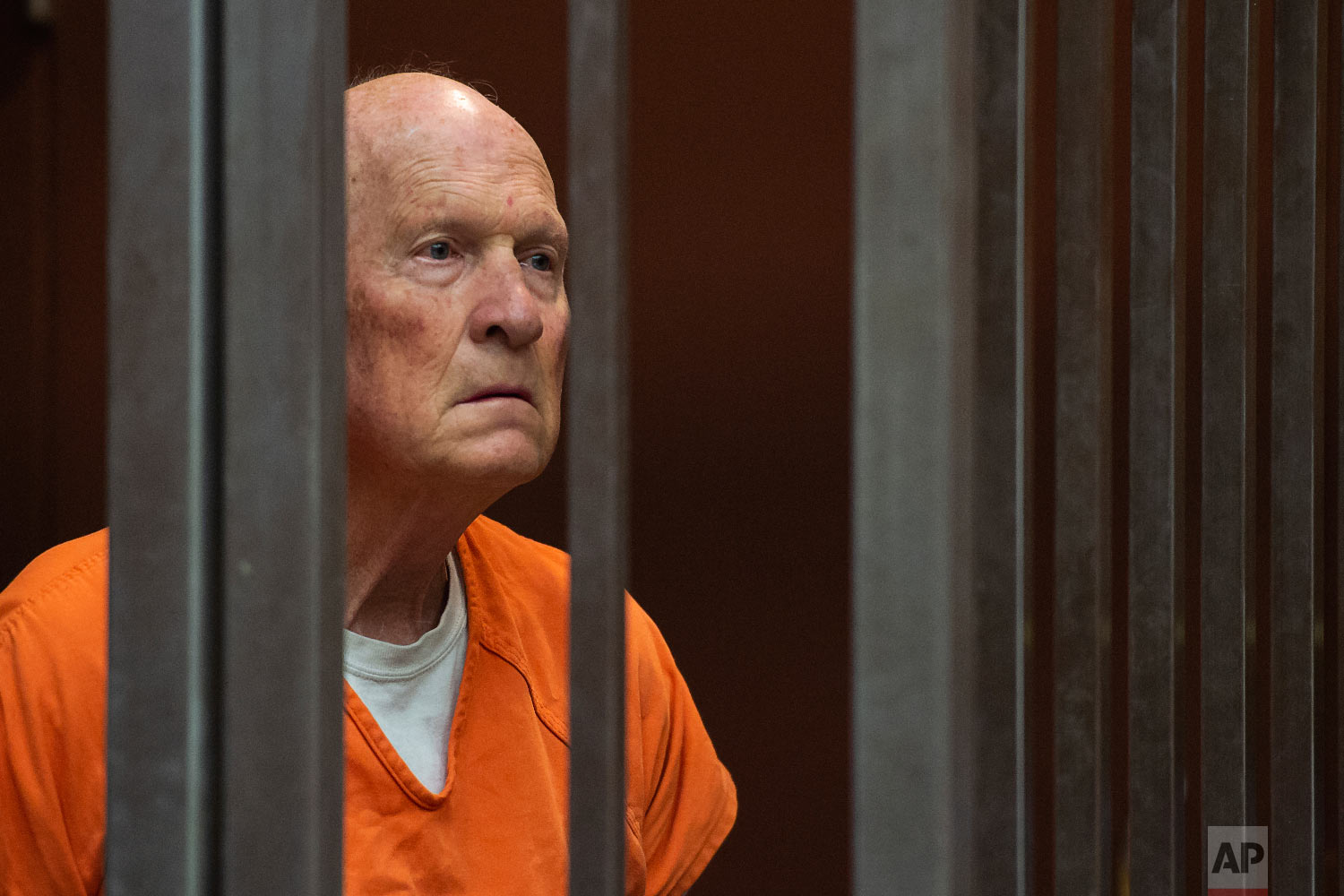  Former police officer Joseph James DeAngelo, accused of being the Golden State Killer, stands in a Sacramento, Calif., jail court on May 29, 2018, as a judge weighs how much information to release about his arrest. DeAngelo is suspected in at least 
