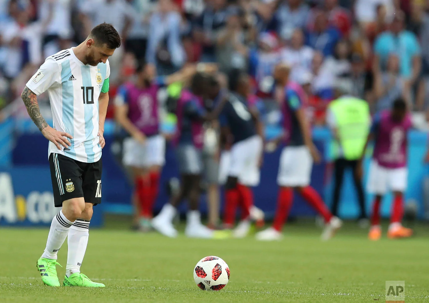 Argentina's Lionel Messi reacts after France took the lead with a third goal by Kylian Mbappe during the round of 16 match between France and Argentina at the 2018 soccer World Cup at the Kazan Arena in Kazan, Russia, on June 30, 2018. (AP Photo/Thanassis Stavrakis)