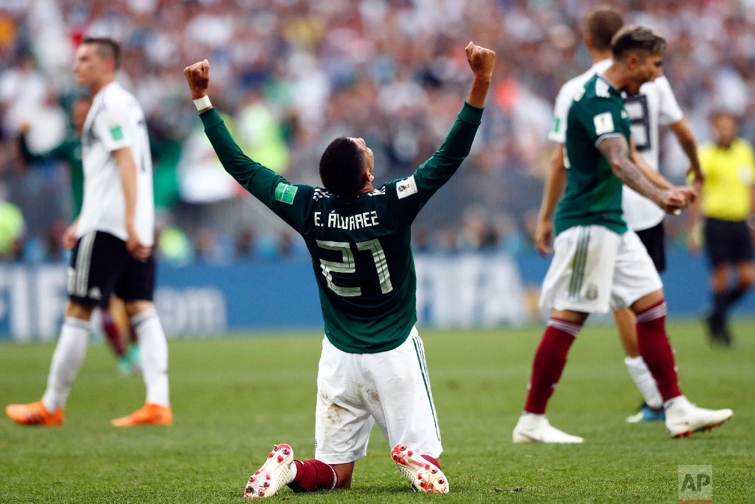 Mexico's Edson Alvarez celebrates after his team won the group F match against Germany at the 2018 soccer World Cup in the Luzhniki Stadium in Moscow, Russia, on June 17, 2018. (AP Photo/Matthias Schrader)