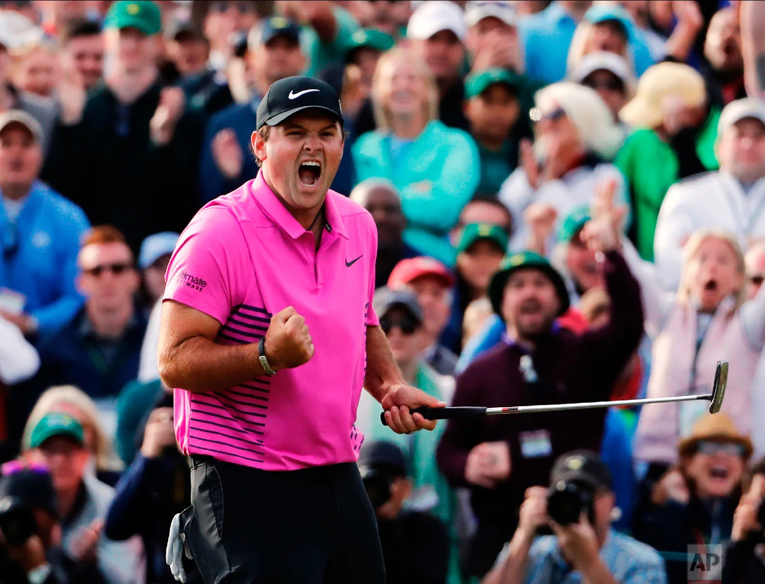 Patrick Reed celebrates after winning the Masters golf tournament on April 8, 2018, in Augusta, Ga. (AP Photo/David Goldman)