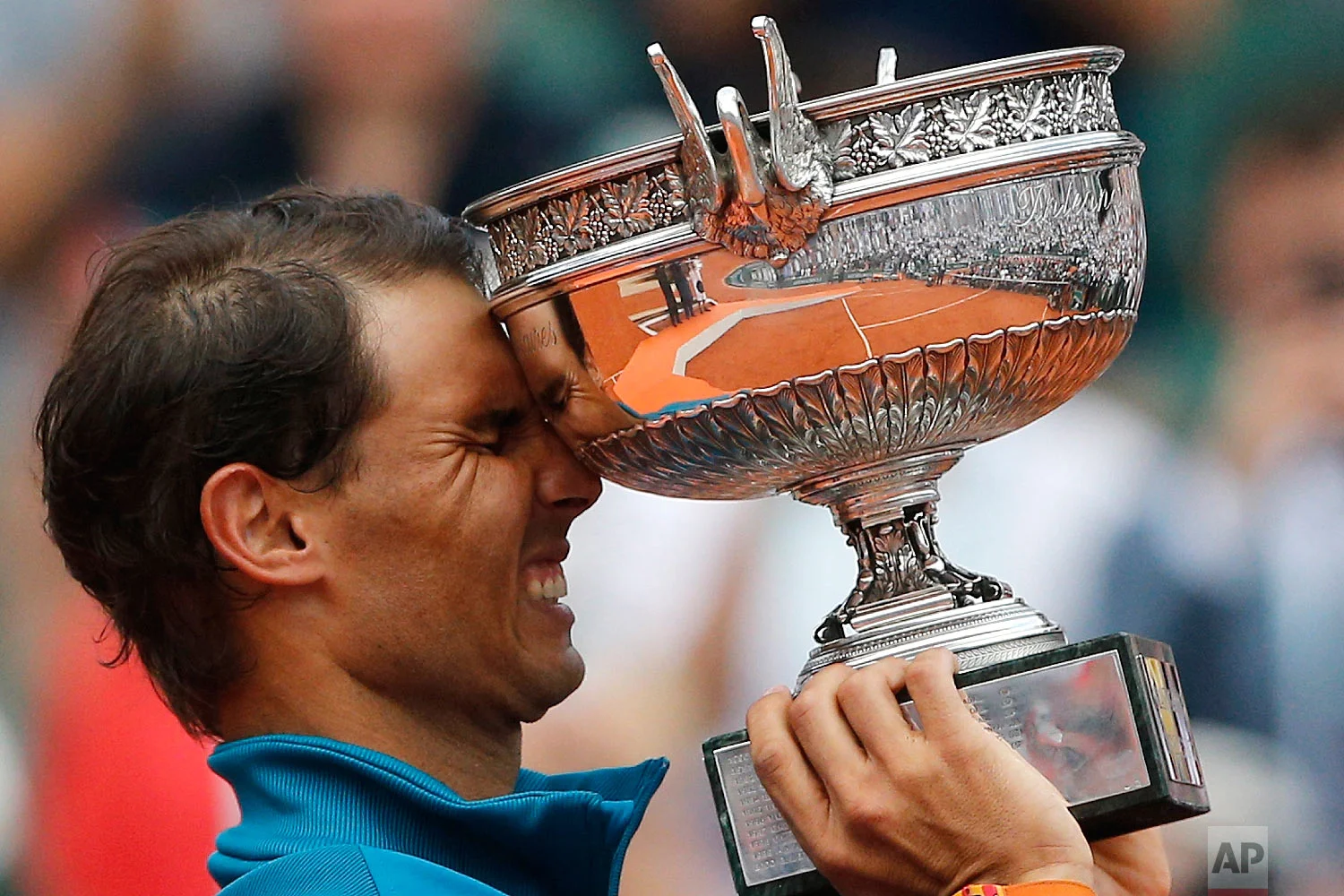 Spain's Rafael Nadal reacts after defeating Austria's Dominic Thiem in the men's final match of the French Open tennis tournament in Paris on June 10, 2018. Nadal won 6-4, 6-3, 6-2. (AP Photo/Thibault Camus)