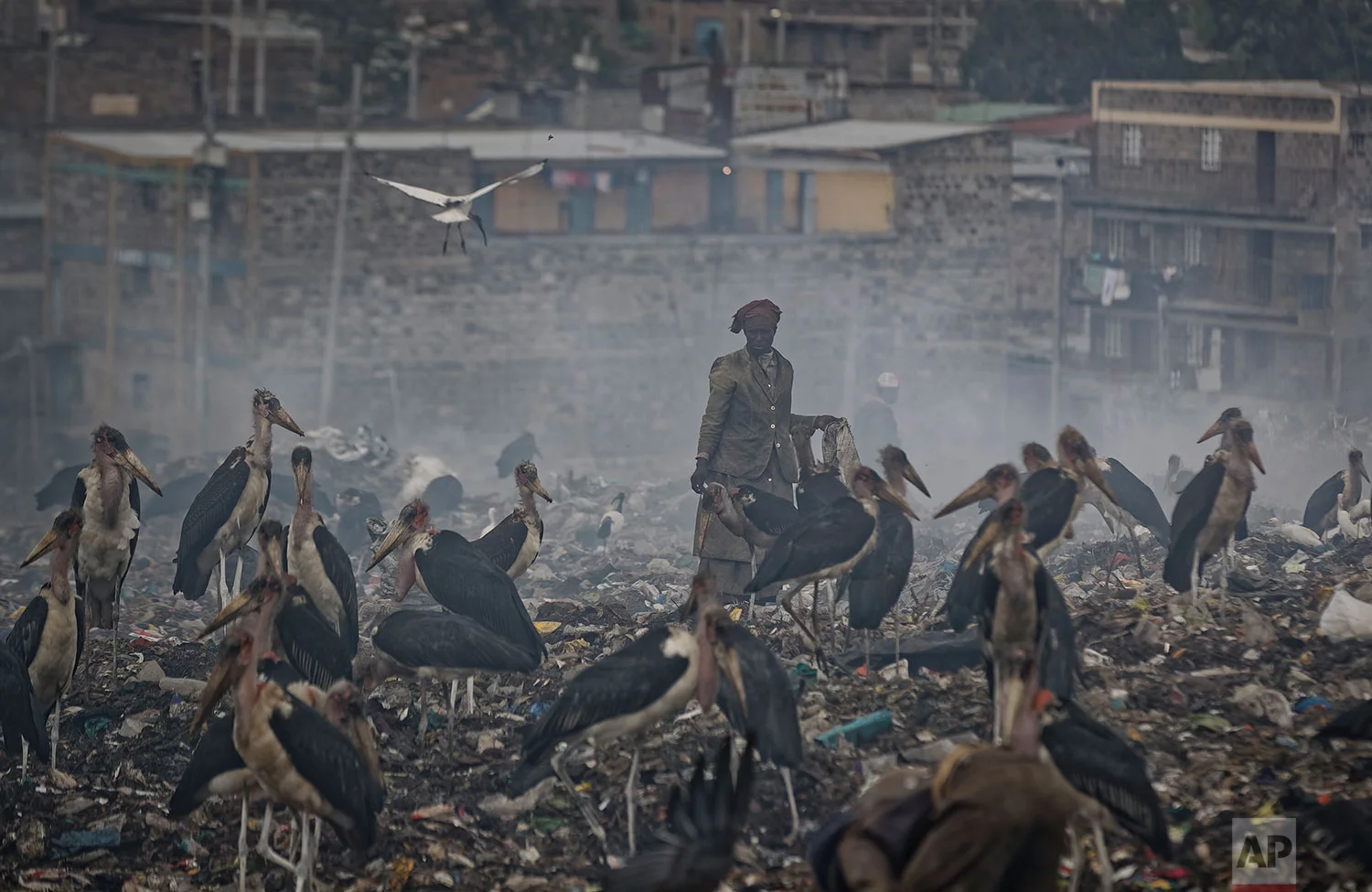 In this Wednesday, Dec. 5, 2018 photo, a woman who scavenges recyclable materials from garbage for a living is seen through a cloud of smoke from burning trash, surrounded by Marabou storks who feed on the garbage, at the dump in the Dandora slum of Nairobi, Kenya. (AP Photo/Ben Curtis)