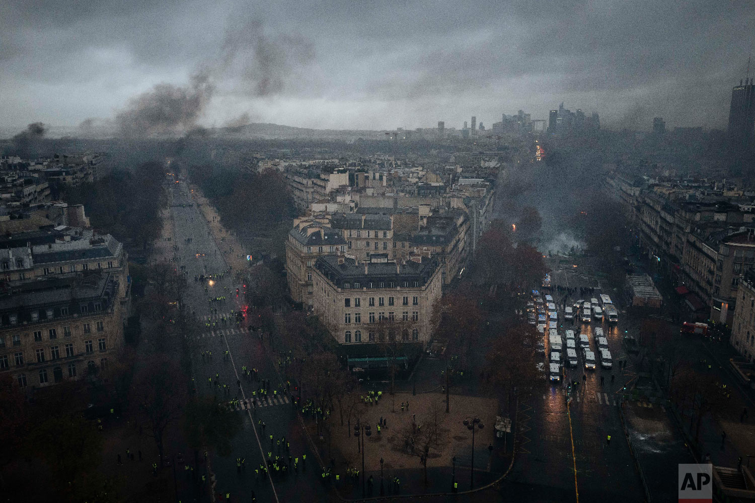  Avenues leading to the Arc de Triomphe are pictured from the top of the Arc de Triomphe on the Champs-Elysees avenue during a demonstration in Paris on Dec. 1, 2018. (AP Photo/Kamil Zihnioglu) 