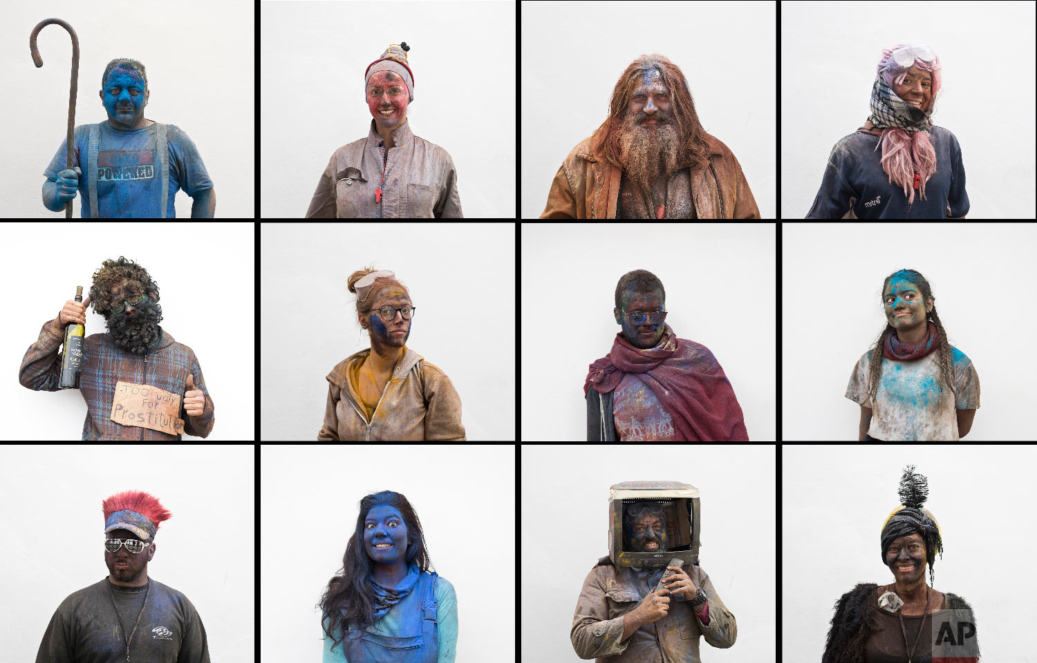  A combination of twelve photos revelers pose for portraits as they participate in the flour war, a unique colorful flour fight marking the end of the carnival season in the port town of Galaxidi, some 200 kilometers (120 miles) west of Athens on Feb