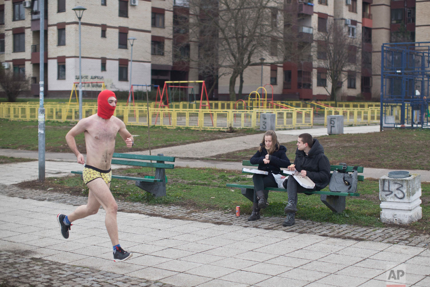  A competitor takes part at the 2nd annual Belgrade Underpants Run on the banks of the Danube in Belgrade, Serbia on Feb. 4, 2018. (AP Photo/Marko Drobnjakovic) 
