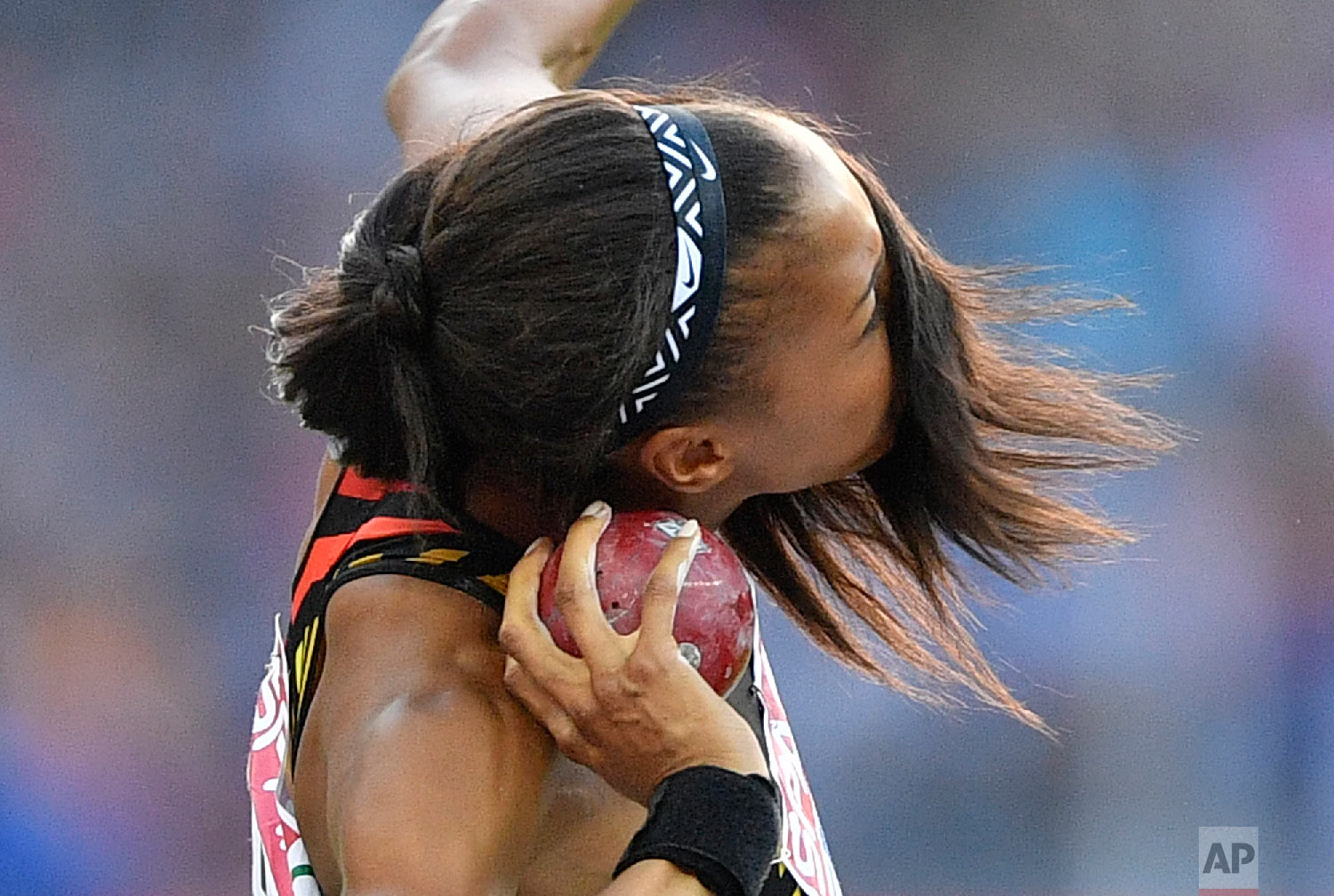  Belgium's Nafissatou Thiam makes an attempt in the shot put of the heptathlon at the European Athletics Championships at the Olympic stadium in Berlin, Germany on Aug. 9, 2018.. (AP Photo/Martin Meissner) 