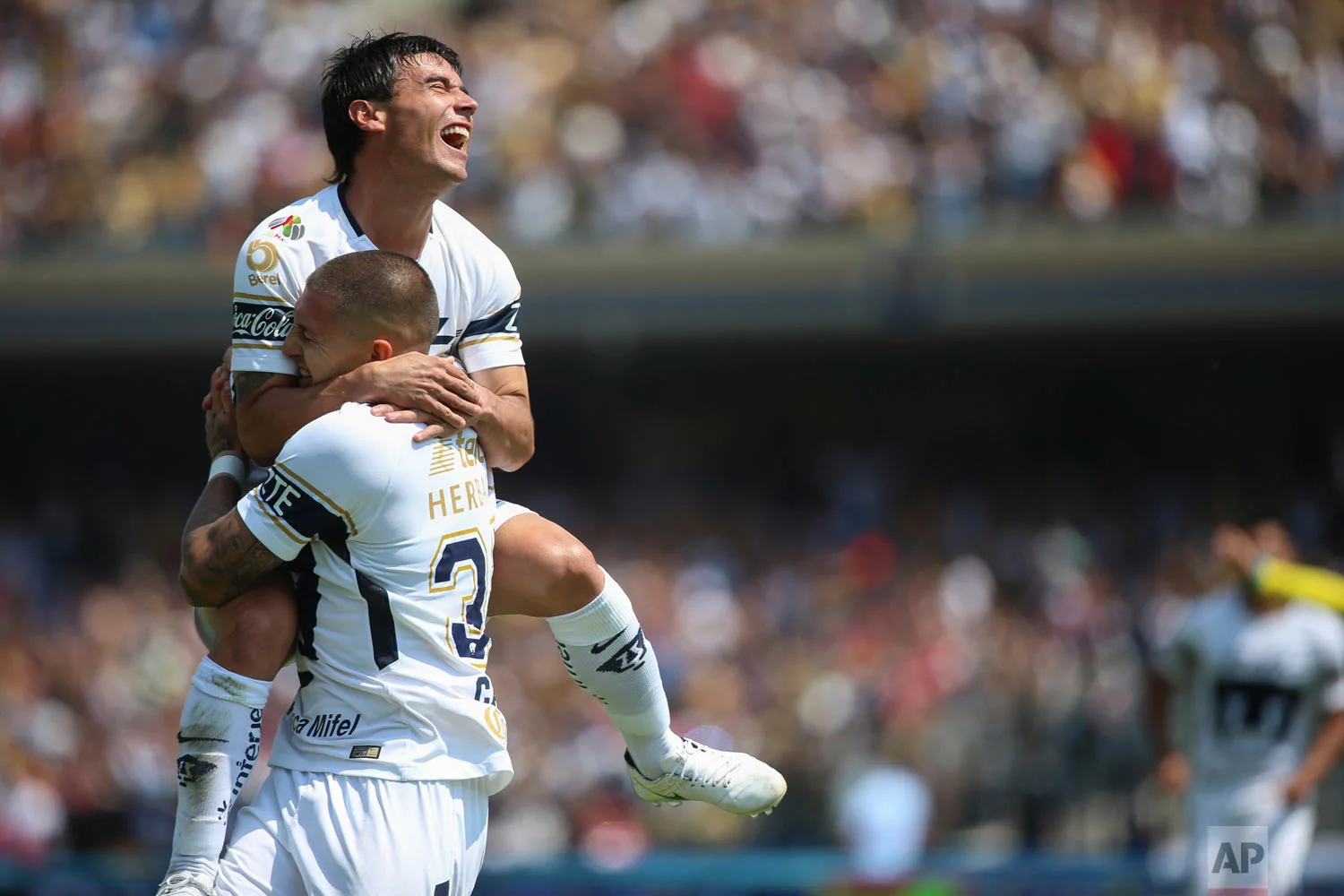 In this Feb. 25, 2018 photo, Pumas' Nicolas Castillo celebrates his goal against Guadalajara as he holds up his teammate Matias Alustiza during a Mexico soccer league match in Mexico City. (AP Photo/Anthony Vazquez)