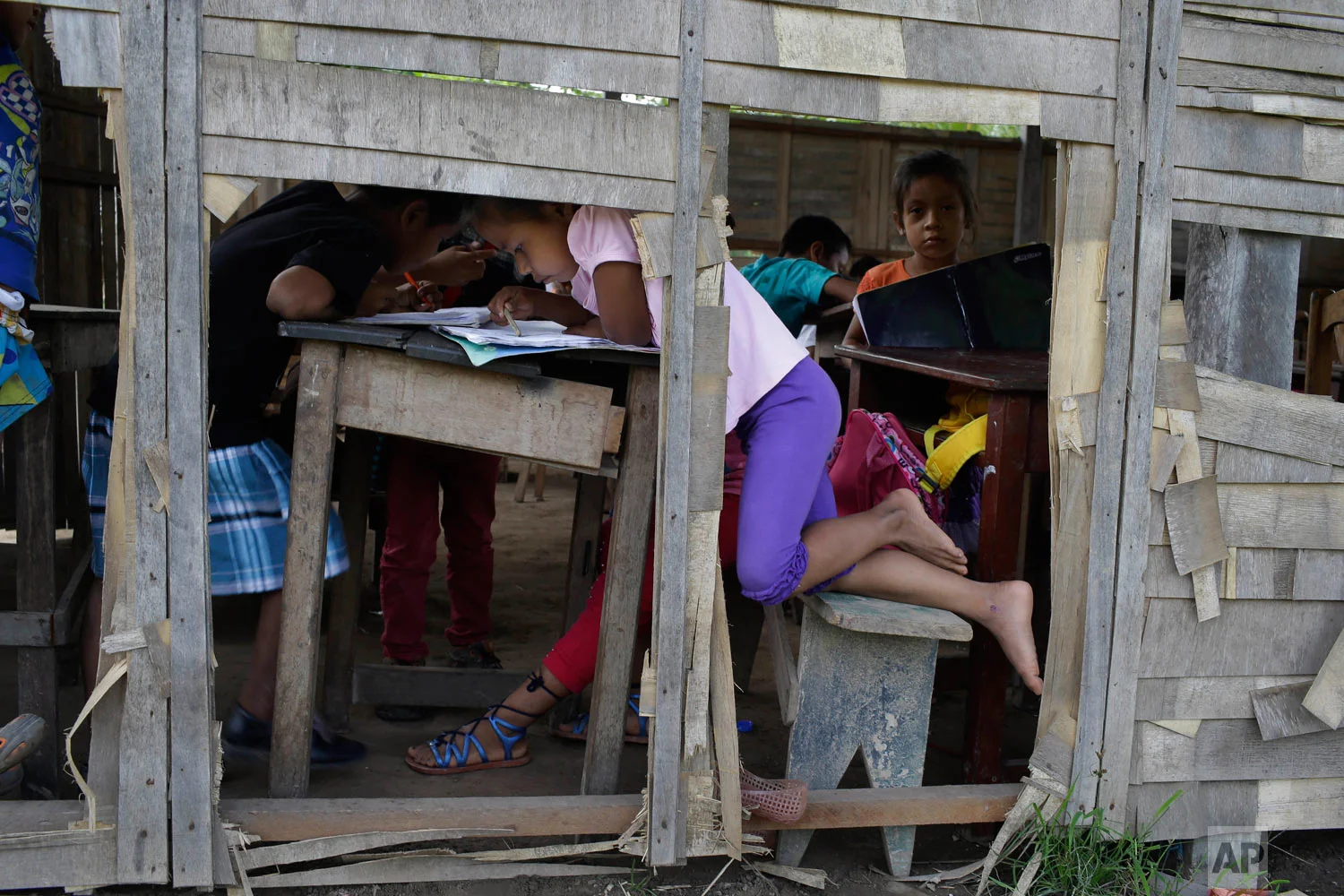 In this May 8, 2018 photo, children study at a run down school in the Amazonian shantytown of Victoria Gracia, Peru. Plant healer of the Shipibo-Konibo tribe, Olivia Arevalo, was allegedly shot to death by a Canadian man in this town. (AP Photo/Martin Mejia)
