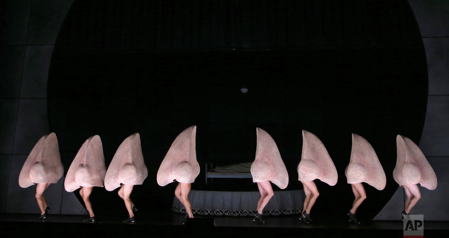  Dancing noses perform during a dress rehearsal for Shostakovich's opera "The Nose" at the Sydney Opera House in Sydney Monday, Feb. 19, 2018. The Nose opens on Feb. 21 and runs until March 3. (AP Photo/Rick Rycroft) 