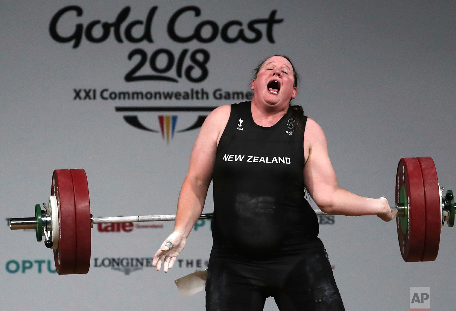  In this April 9, 2018 photo, New Zealand's Laurel Hubbard reacts after failing to make a lift in the snatch of the women's +90kg weightlifting final at the 2018 Commonwealth Games on the Gold Coast, Australia. (AP Photo/Manish Swarup, File) 