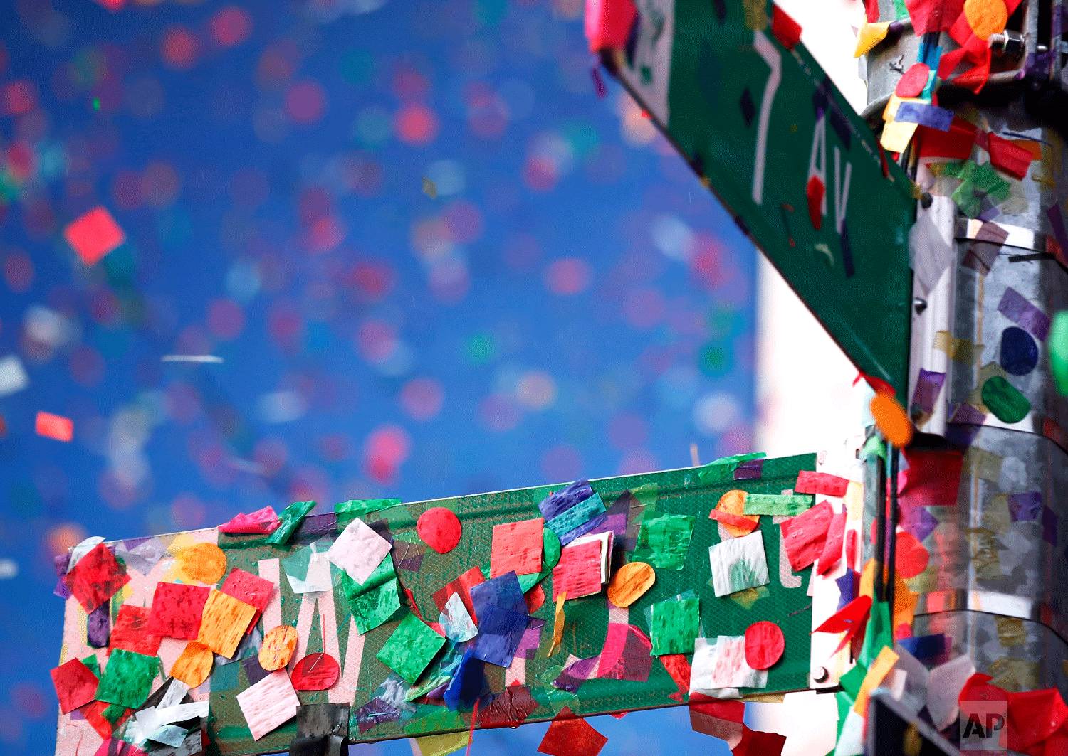 Confetti sticks to a street sign in New York's Times Square, early Tuesday, Jan. 1, 2019, following a New Year's celebration. (AP Photo/Adam Hunger)