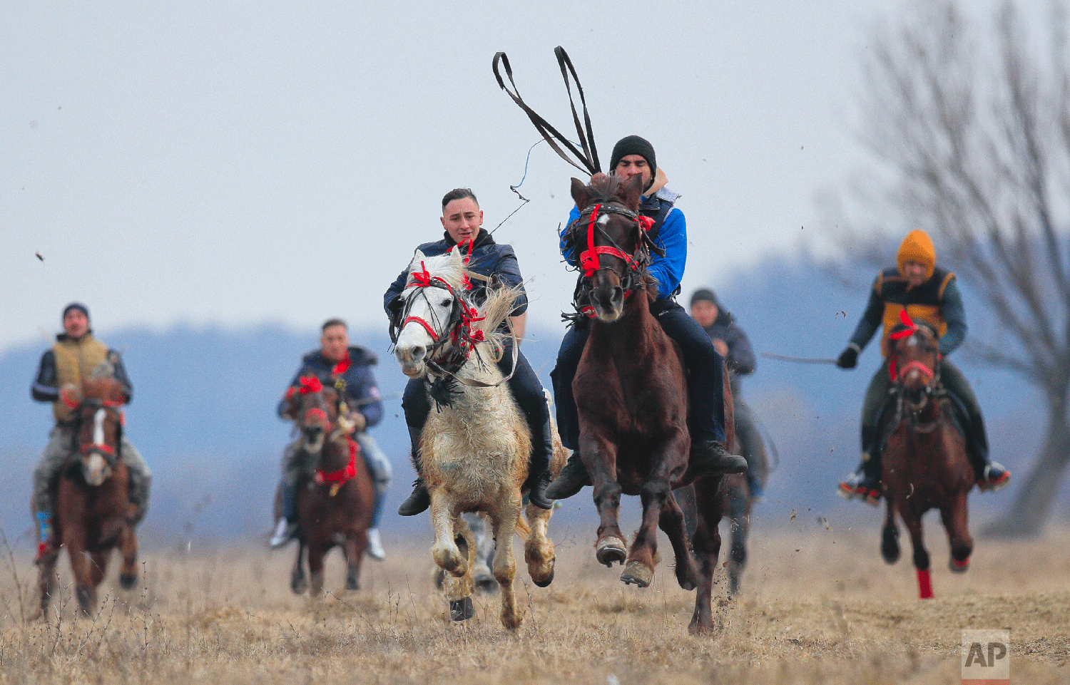 Villagers compete in an Epiphany celebration horse race in Pietrosani, Romania, Sunday, Jan. 6, 2019. (AP Photo/Vadim Ghirda)