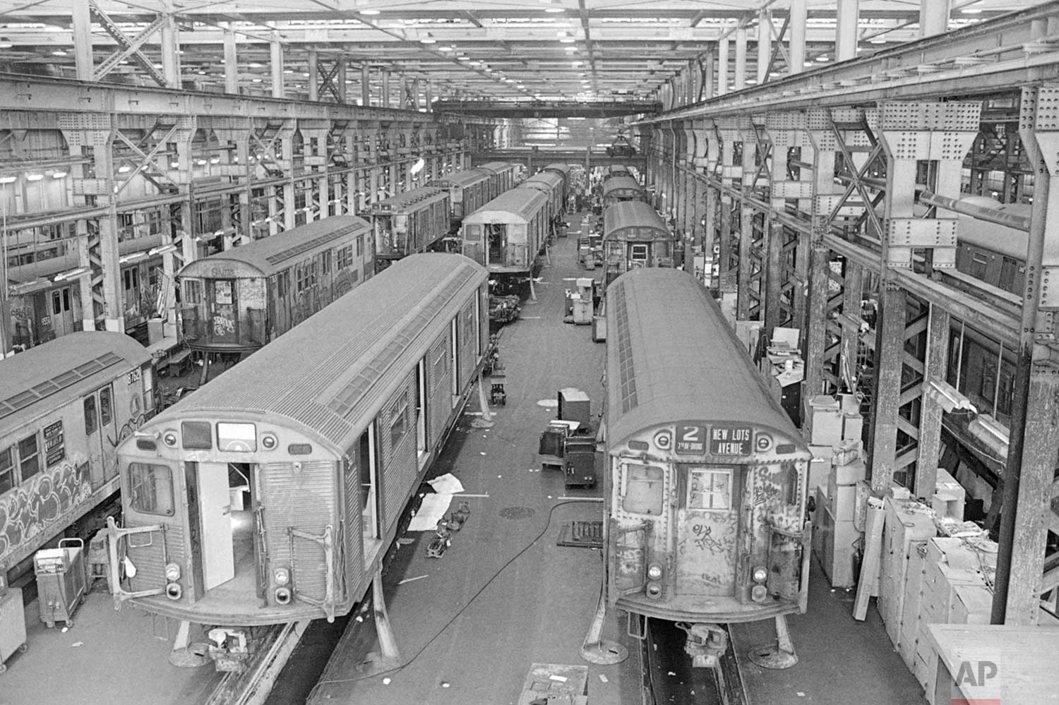  One of the large maintenance shops for the New York subway system is packed each and every day with trains in disrepair in New York on March 11, 1982. One out of every 10 cars is out of service at any given time. “The equipment is terrible,” says a 