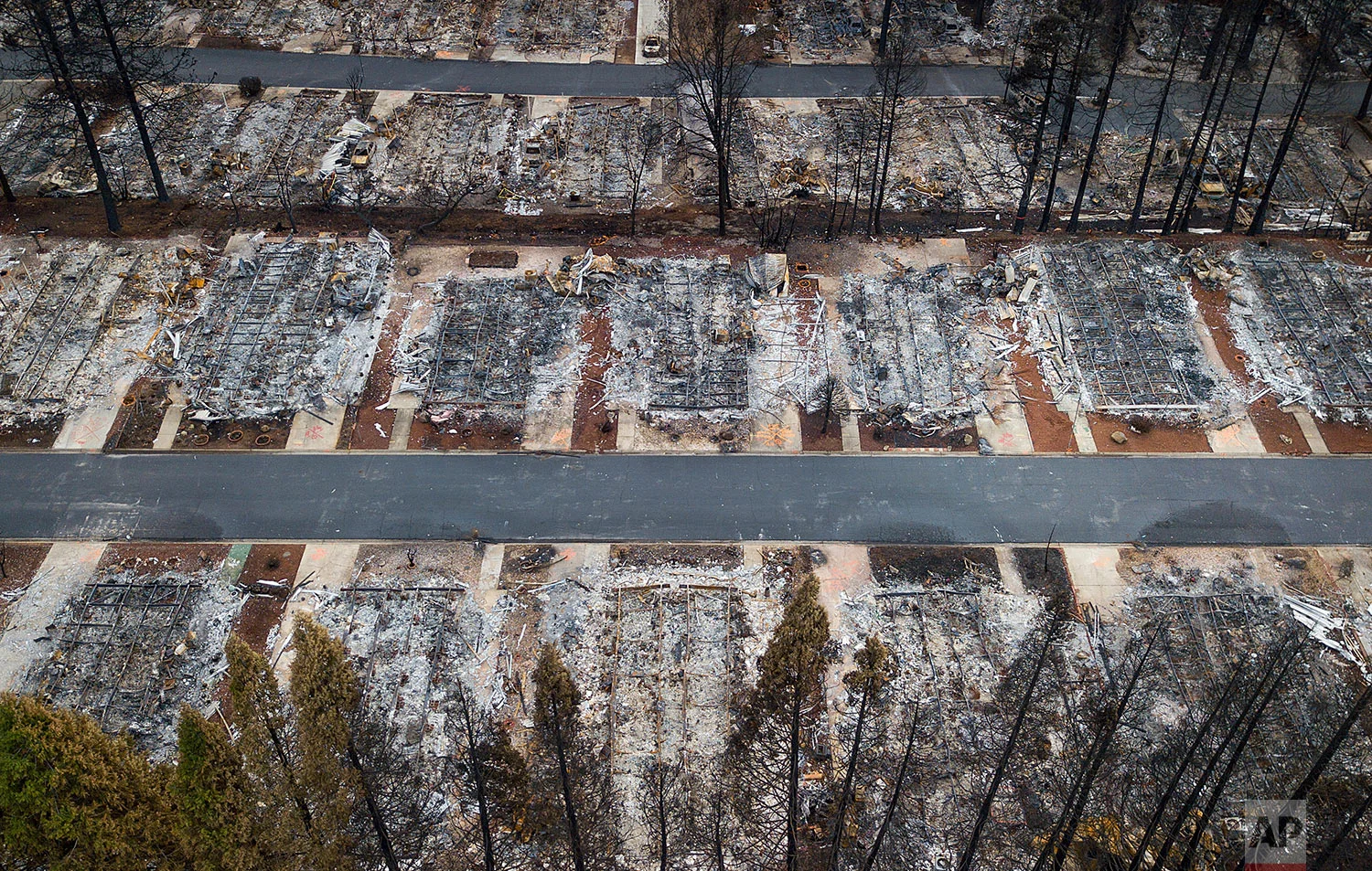 Homes leveled by the Camp Fire line the Ridgewood Mobile Home Park retirement community in Paradise, Calif., on Monday, Dec. 3, 2018. (AP Photo/Noah Berger)