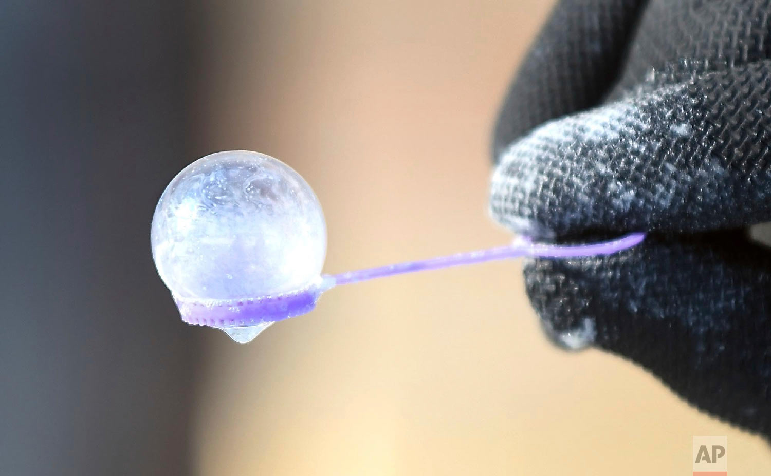  A bubble freezes on the end of the wand Wednesday, Jan. 30, 2019, in Mankato, Minn. (Pat Christman/The Free Press via AP) 
