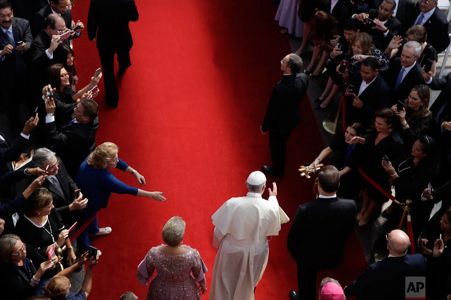 Pope Francis arrives at the foreign ministry headquarters Palacio Bolivar, in Panama City, Jan. 24, 2019. (AP Photo/Alessandra Tarantino)
