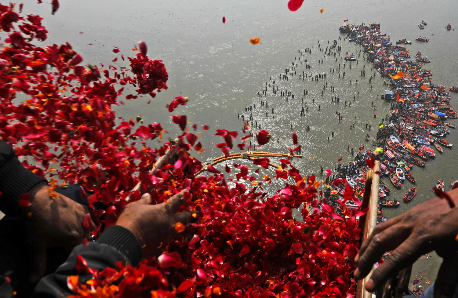 Government officials throw flowers from a helicopter onto thousands of Hindu devotees in the water at Sangam, the confluence of three sacred rivers - the Yamuna, the Ganges and the mythical Saraswati - on Mauni Amavsya or the new moon day, the most auspicious day during the Kumbh Mela, or the Pitcher Festival, in Prayagraj, Uttar Pradesh state, India, on Monday, Feb. 4, 2019. The Kumbh Mela is a series of ritual baths by Hindu sadhus, or holy men, and other pilgrims at Sangam that dates back to at least medieval times. Pilgrims bathe in the river believing it cleanses them of their sins and ends their process of reincarnation. The event, which UNESCO added to its list of intangible human heritage in 2017, is the largest congregation of pilgrims on earth. Some 150 million people are expected to attend this year's Kumbh, which runs through early March. (AP Photo/Rajesh Kumar Singh)