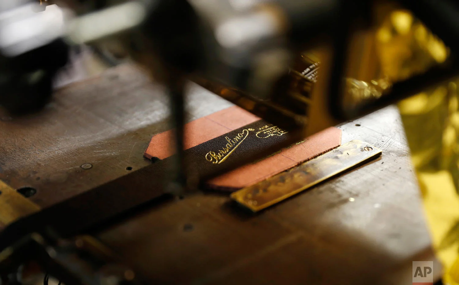 A view of a label of Borsalino at its hat factory, in Spinetta Marengo, near Alessandria, Italy, Thursday, Jan. 17, 2019. (AP Photo/Antonio Calanni)