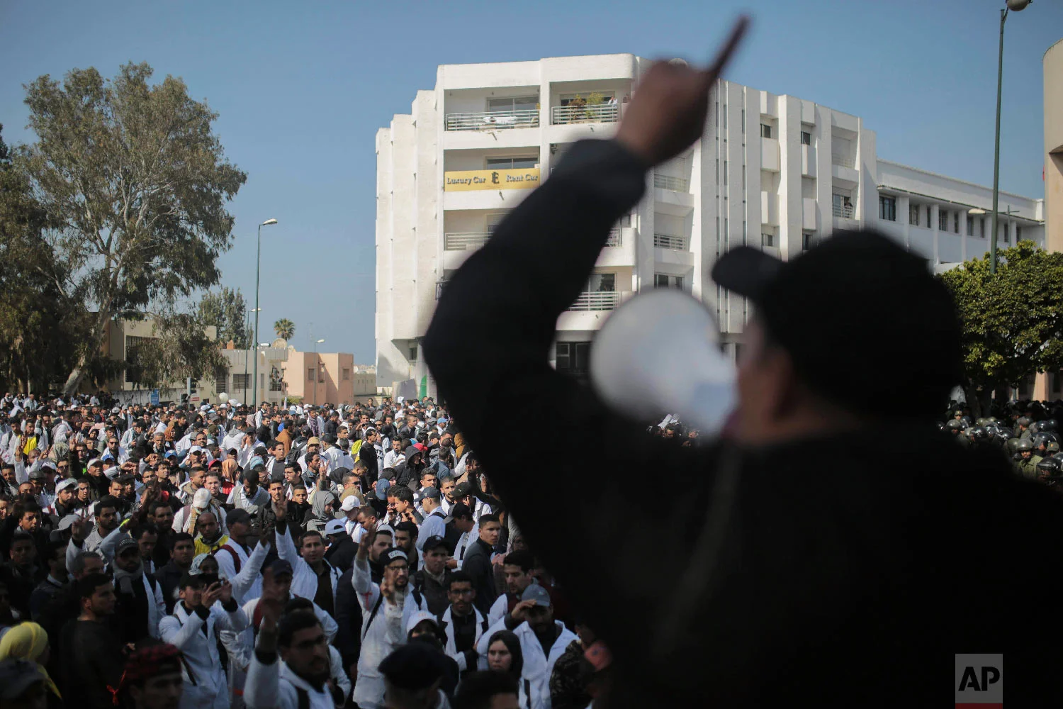 Protesting teachers chant slogans in Rabat, Morocco, Feb. 20, 2019. (AP Photo/Mosa'ab Elshamy)