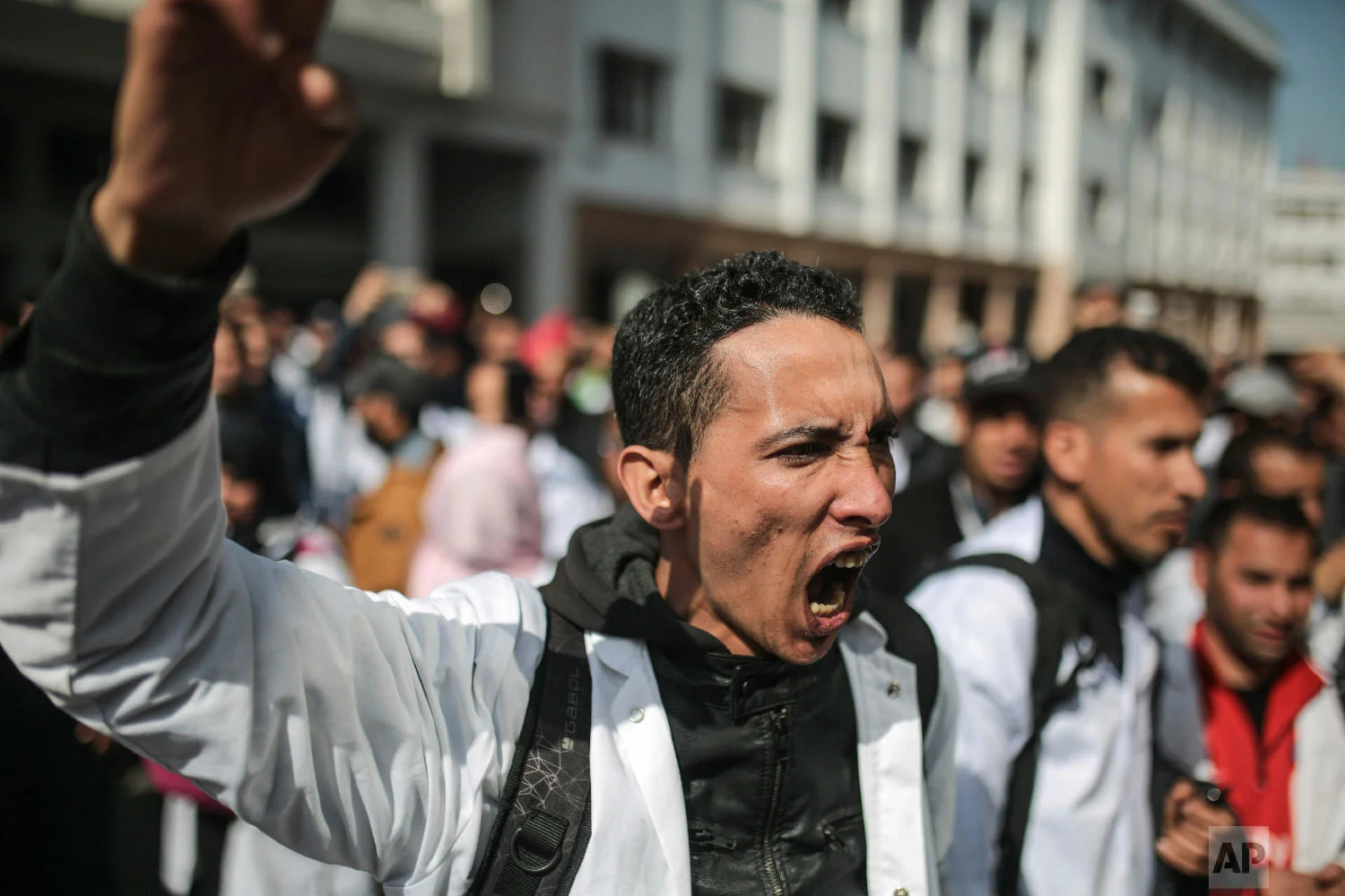 Protesting teachers chant slogans in Rabat, Morocco, Feb. 20, 2019. (AP Photo/Mosa'ab Elshamy)