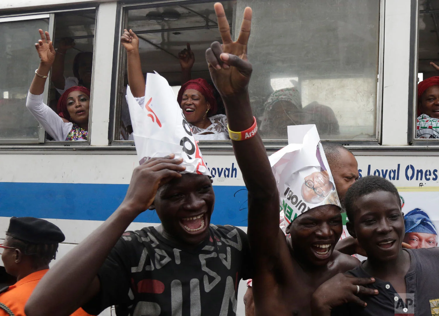 Supporters of Nigerian presidential candidate Atiku Abubakar, of the People's Democratic Party, chant slogans during an election campaign rally at the Tafawa Balewa Square, in Lagos, Nigeria, Feb. 12, 2019. (AP Photo/Sunday Alamba)