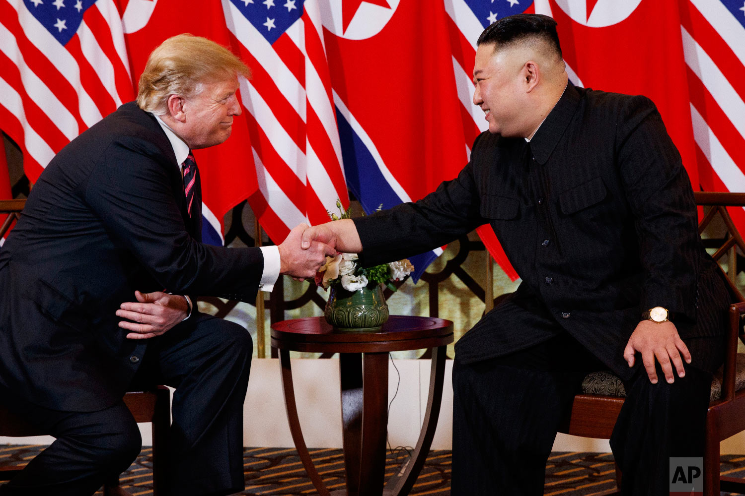 U.S. President Donald Trump shakes hands with North Korean leader Kim Jong Un, Wednesday, Feb. 27, 2019, in Hanoi. (AP Photo/ Evan Vucci)