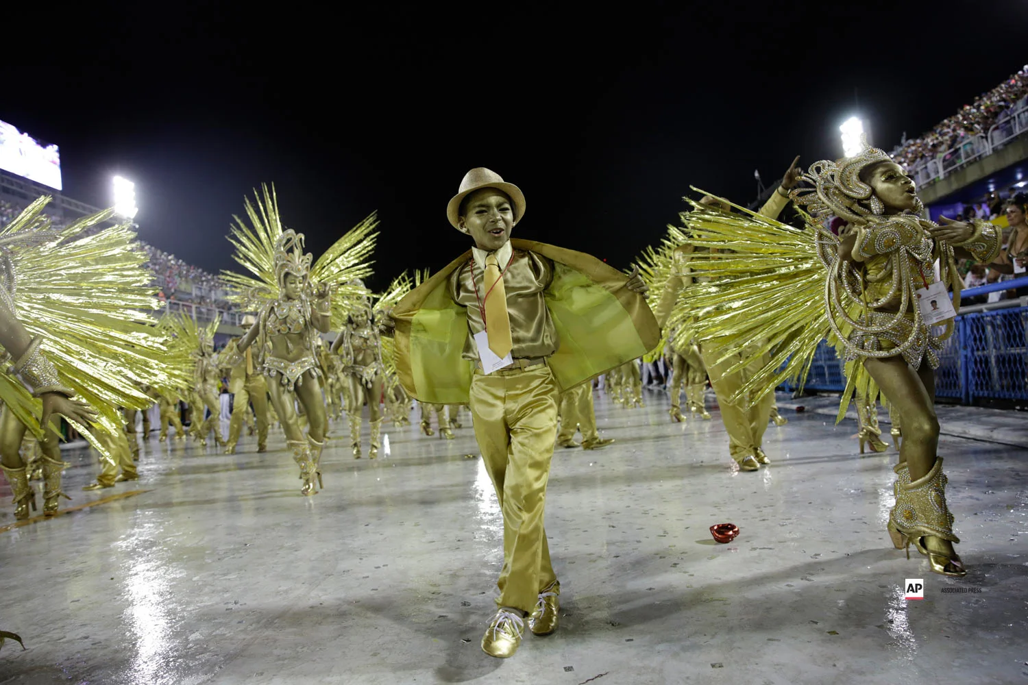 Performers from the Viradouro samba school parade during Carnival celebrations at the sambadrome in Rio de Janeiro, Brazil, Sunday, March 3, 2019. (AP Photo/Silvia Izquierdo)