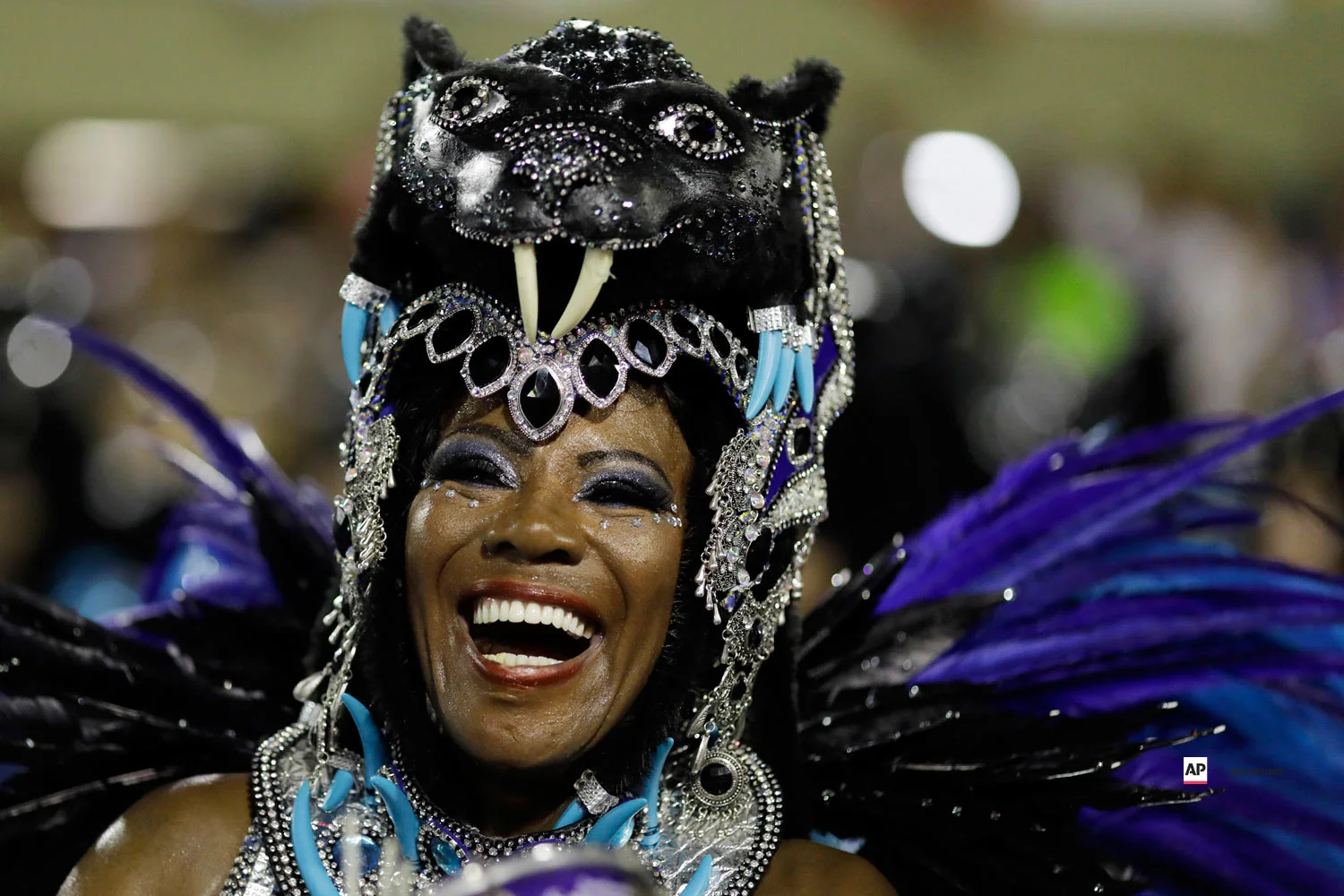 A performer from the Beija Flor samba school parades during Carnival celebrations at the Sambadrome in Rio de Janeiro, Brazil, Monday, March 4, 2019. (AP Photo/Leo Correa)