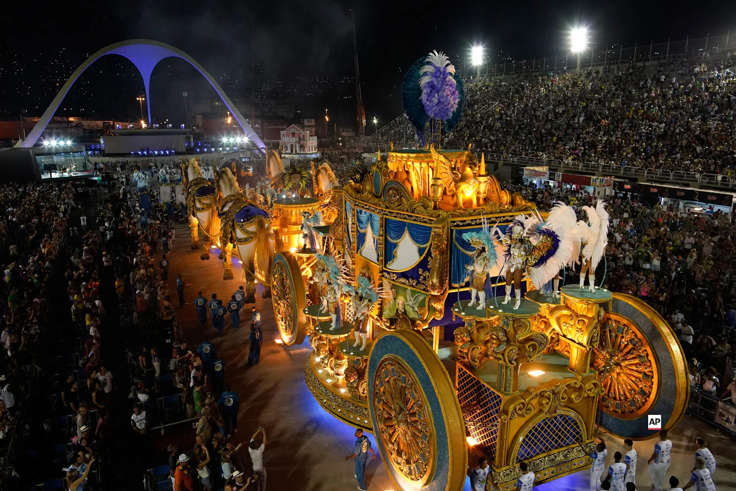 Performers from the Vila Isabel samba school parade during Carnival celebrations at the Sambadrome in Rio de Janeiro, Brazil, Monday, March 4, 2019. (AP Photo/Leo Correa)