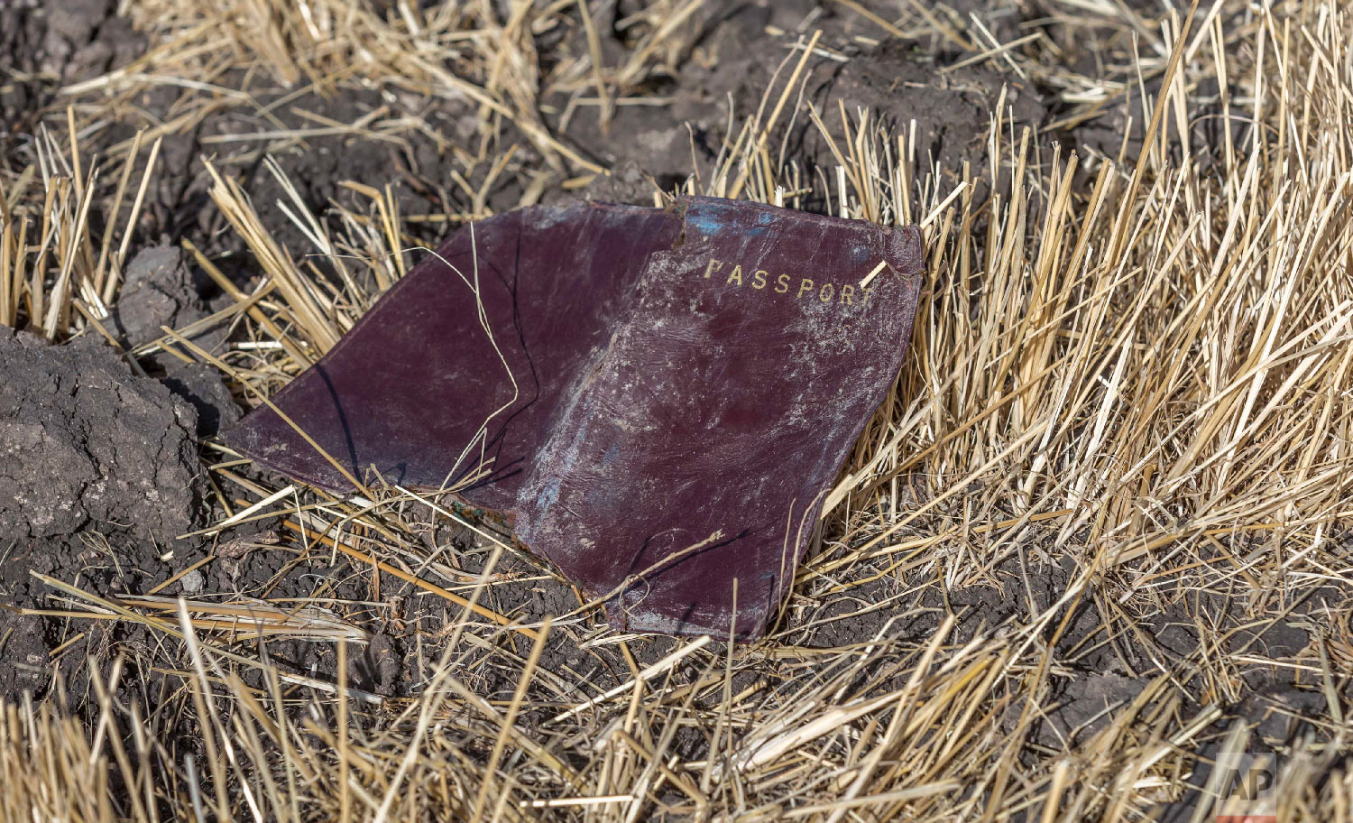 A passenger passport lies on the ground at the scene of an Ethiopian Airlines flight crash near Bishoftu, Ethiopia, March 11, 2019. (AP Photo/Mulugeta Ayene)