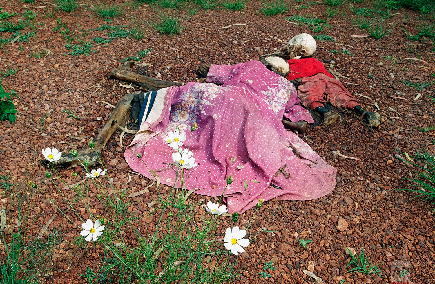 The bodies of a woman and her child lie by a church in Nyarubuye parish, which was the site of an April 14 massacre that survivors say was perpetrated by a militia assisted by government gendarmes, about 95 miles east of the capital Kigali, in Rwanda on May 31, 1994. (AP Photo/Jean-Marc Bouju)