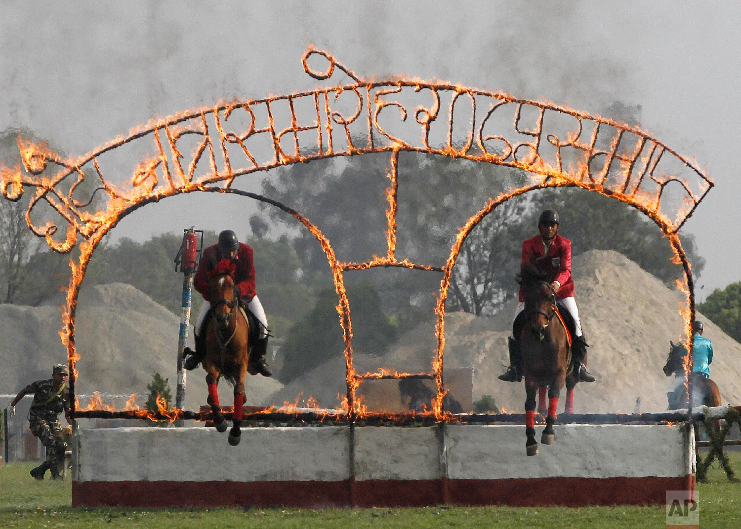 Nepalese Cavalry soldiers display their skills during the Ghode Jatra festival on April 4, 2019, in Kathmandu, Nepal. (AP Photo/Niranjan Shrestha)