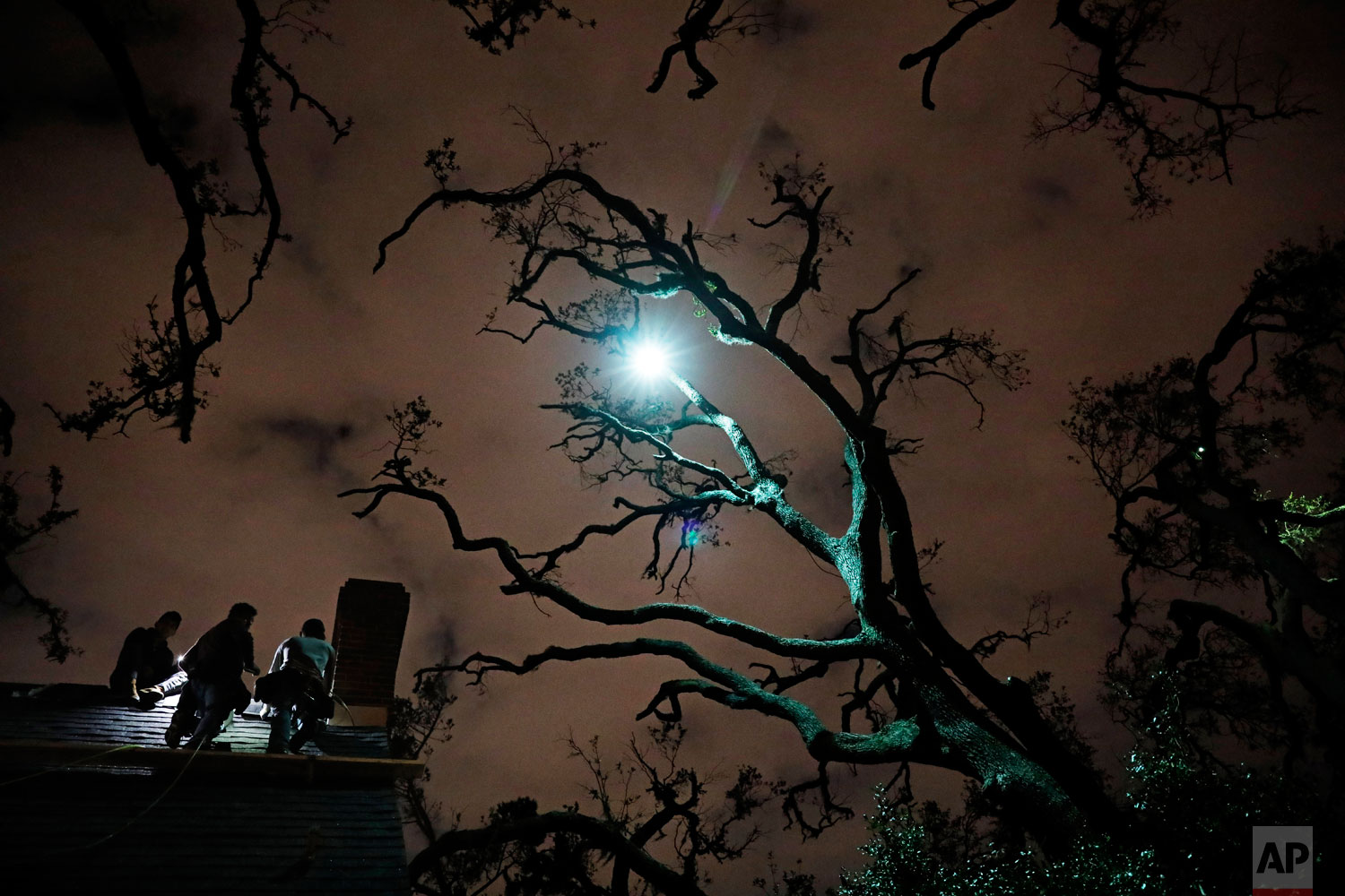 Workers repair a roof at night under trees left bare by Hurricane Michael in Panama City, Fla, Tuesday, Jan. 22, 2019. Some residents have been able to make their homes livable again with cosmetic repairs. Others simply left town: The county's student population is down 14 percent. For those still considered homeless their options are: move in with relatives, turn hotel rooms into temporary apartments, or get a tent. (AP Photo/David Goldman)