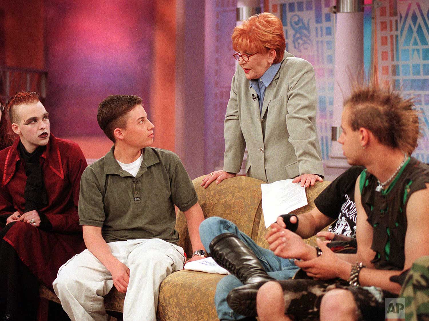  Sally Jessy Raphael talks to John Ungerland, second left, a 17-year-old Columbine High School junior, during the taping of her program in New York, Tuesday April 27, 1999. Ungerland claims to have seen two youths, one armed, leaving the school durin