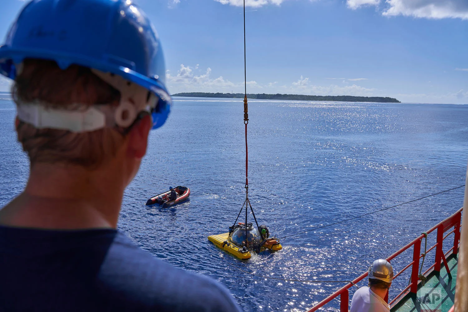 Submersibles sent to recover an ROV (Remotely Operated Vehicle) lost off the coast of the tiny island of Alphonse Seychelles, March 13, 2019. (AP Photo/David Keyton)